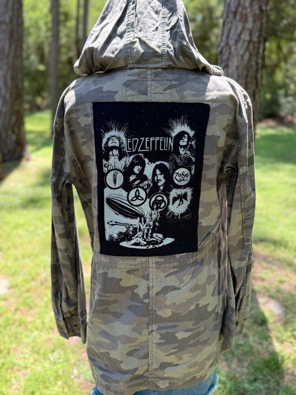 Upcycled Led Zeppelin Camo Hooded Military Jacket